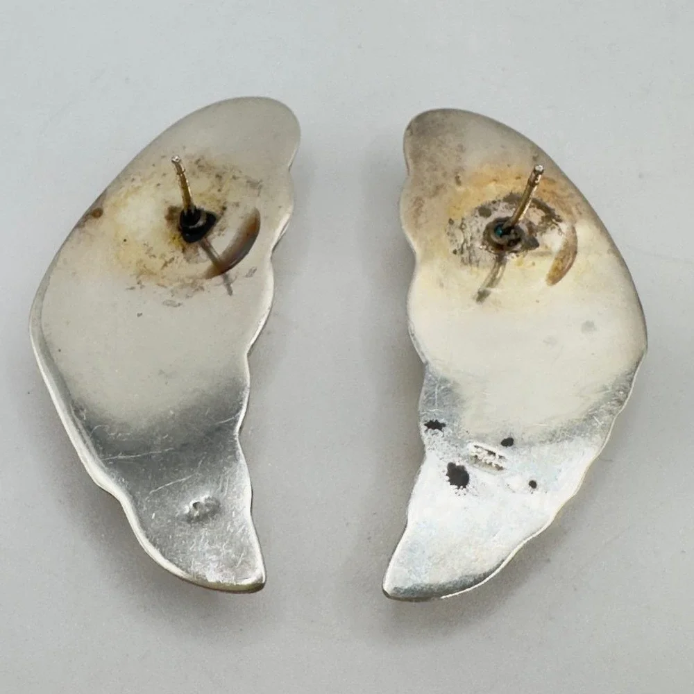Vintage Sterling Silver Earrings Pierced Puffy Shell Modernist Style 1.75 In 80s